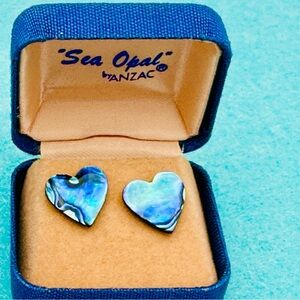 Vintage Anzac Paua Shell Sea Opal Heart  Pierced Earrings